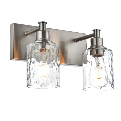 BONLICHT Modern Bathroom Light Fixtures in Brushed Nickel Finish, 2 Light Industrial Indoor Wall Sconce Farmhouse Vanity Lighting Over Mirror with Hammered Glass Contemporary Hallway Wall Mount Lamp by BONLICHT - Used condition - Image 8