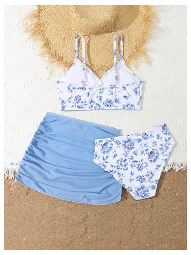 Girl's Swimsuits 3 Piece Floral Spaghetti Strap Wireless Swimwear with Ruched Beach Skirts Bathing Suits2