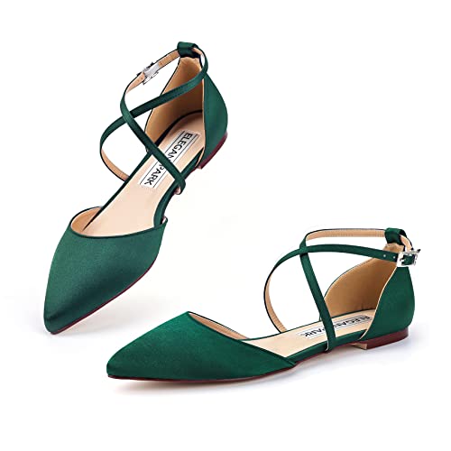 Image of ELEGANTPARK FC2322 Comfortable Satin Pointed Toe Flats for Women Ankle Straps Wedding Flats for Bride Shoes Evening Party Guest Shoes for Women Dressy Low Heel