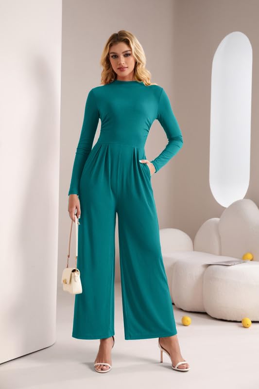 Mono Mujer Manga Larga Cuello en Tortuga Jumpsuit Elegante Pantalones de Pierna Ancha con Bolsillos Informal Monos de Una Pieza con Cremallera Moda Enterizo Otoño de Ceremonia Cóctel Salir