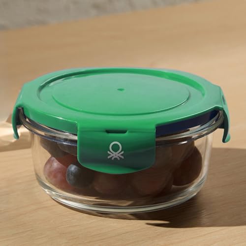 Image of United Colors of Benetton 840 ML Borosilicate Glass Food Storage Container with Airtight Green Lid - Leakproof, Microwave, Oven, Freezer & Dishwasher Safe - Durable & Reusable Lunch /Dinner Box