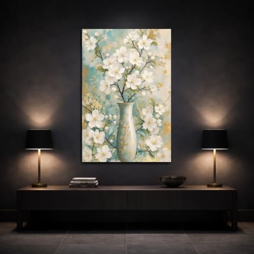 Décoration murale salon fleurs blanches art moderne vertical