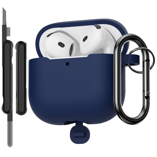 AOTUAO Case Compatible with AirPods 4th Generation Case Cover with Cleaner Kit, Shockproof Drop Protection Scratch Resistant Silicone Case Cover for AirPods 4 2024 with Keychain, Midnight Blue