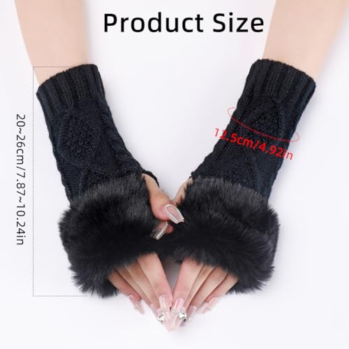 CABODYALS 2 Paar Schwarze Fingerlose Handschuhe Aus Fell Flauschige Handschuhe Weiche Armstulpen Aus Strick Daumenloch Handschuhe Mit Kunstfell Gestrickte Handgelenkwärmer Fäustlinge Für Damen Tippen