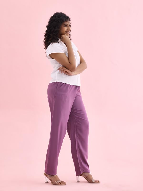 Image of GO COLORS Women Solid Mid Rise Relaxed Fit Viscose Casual Pants