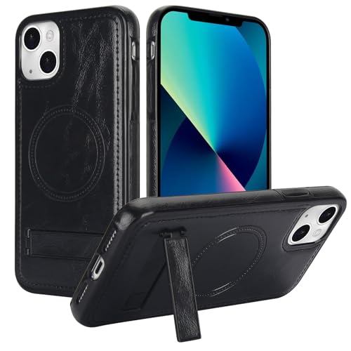 iPhone 15と互換性あり、PUレザーMagsafeワイヤレス充電磁気ケースカバー、隠しキックスタンド頑丈な耐衝撃性360完全保護電話カバー(Black)