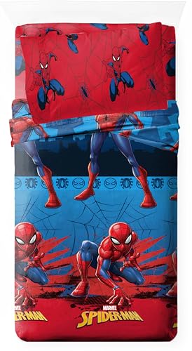 Disney Juego de Sábanas Infantil 3 Piezas Licencia Oficial Marvel (Encimera+Bajera+Almohada) 52% Algodón 48% Poliéster – Cama 90/105 (Spiderman, Cama 90cm)