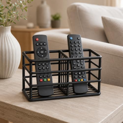 Image of Craft Mshopr Black Iron Remote Control Holder Rack, 2 Compartment TV Remote Organizer, Tabletop Remote Storage Stand for Living Room, Bedroom, Desk & Bedside, 6.75 x 3.25 x 4.5 Inches