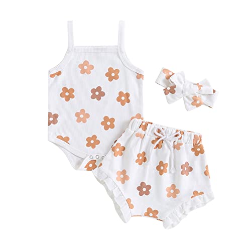 Image of 3pcs Toddler Girls Summer Outfits Ribbed Halter Crop Top Romper Bodysuit +Floral Bloomer Shorts+Headband Clothes Set (F-Brown Flower, 6-12 Months)