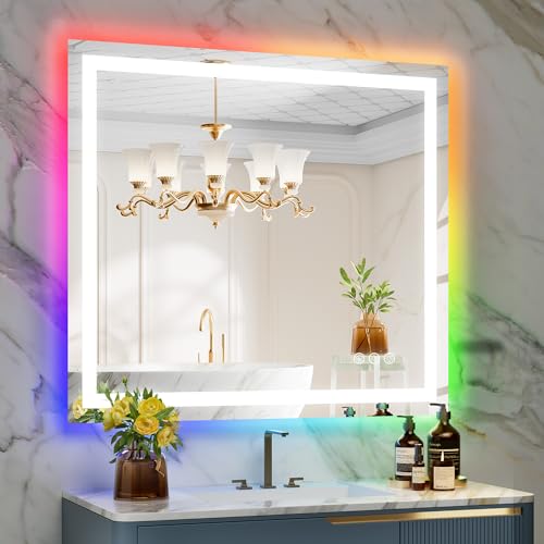 Image of 40x36 Inch RGB LED Bathroom Mirror Front Light and RGB Backlit Lighted Vanity Mirror for Bathroom Wall Mounted Dimmable Anti Fog Memory Shatter-Proof IP54 Waterproof Horizontal /Vertical