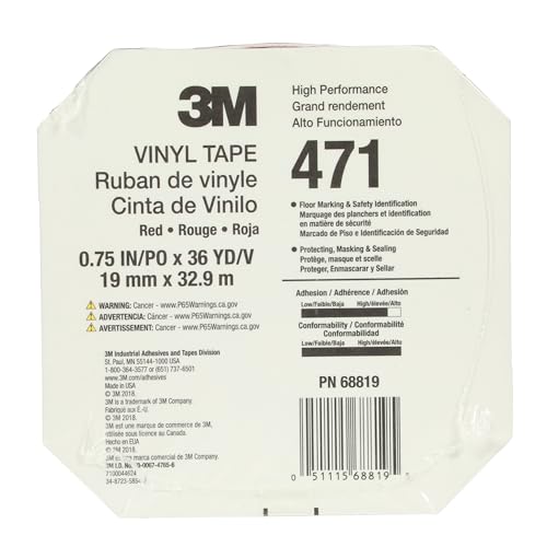 Image of 3M Vinyl Tape 471, 3 /4 in x 36 yd, Red, 1 Roll, Paint Alternative for Floor Marking, Social Distancing, Color Coding, Safety Marking