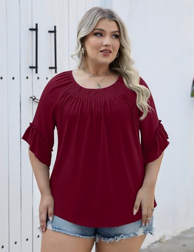 Image of Micoson Womens Plus Size Tops 3 /4 Ruffle Sleeve Crewneck Pleated Shirts
