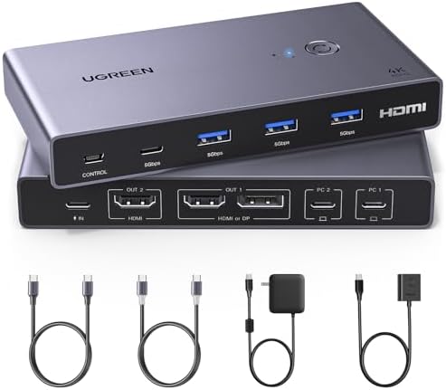 UGREEN USB C KVM Switch 2 Monitors 2 Laptops with 4 Ports 4K 60Hz for 2 Laptops Share Dual Monitors Keyboard Mouse Hard Drive Printer with PD100W Power Adapter, 2 USB Cables, Controller