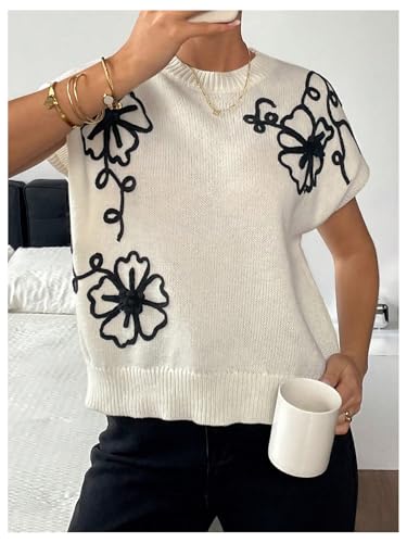 Milumia Women's Floral Pattern Short Sleeve Sweaters Crewneck Knitted Tops Loose Fit Pullovers4