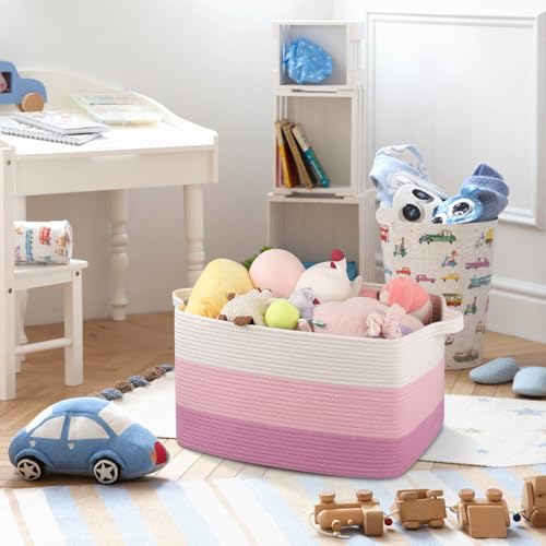 Image of OIAHOMY Large Blanket Basket, 65L Cotton Rope Woven Laundry Basket, Toy Bin for Baby Room, Container for Blanket Storage in Living Room, 20''x16''x12'', Gradient Pink