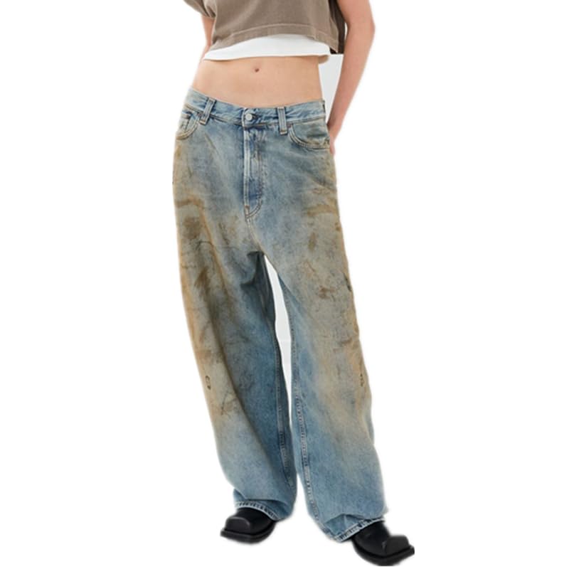 Jeans Women Mom Jeans Minimalist Clothing Vintage Washed High Waisted Wide Leg Dirty Denim Pants Women