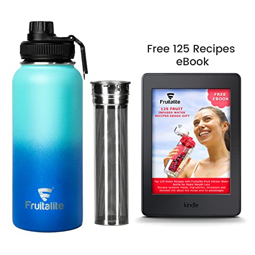 Image of Fruitalite Thermosteel Fruit Infuser Water Bottle- 1000ml with Screw /Spout Lid, Steel Infusion Rod, Infused Detox Recipe eBook, Double-Wall Vacuum Insulated Stainless Steel Bottle- Blue Waves