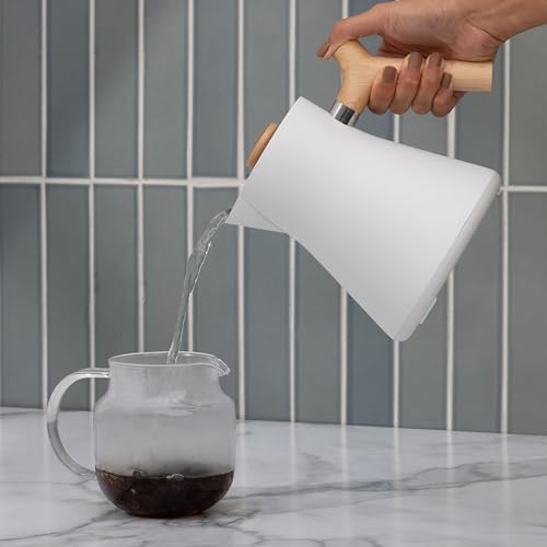 Image of Fellow Corvo EKG Electric Tea Kettle-Electric Pour Over Coffee and Tea Pot-Quick Heating Electric Kettles-Temperature Control & Built-In Brew Timer-Matte White with Maple Handle-0.9 Liter