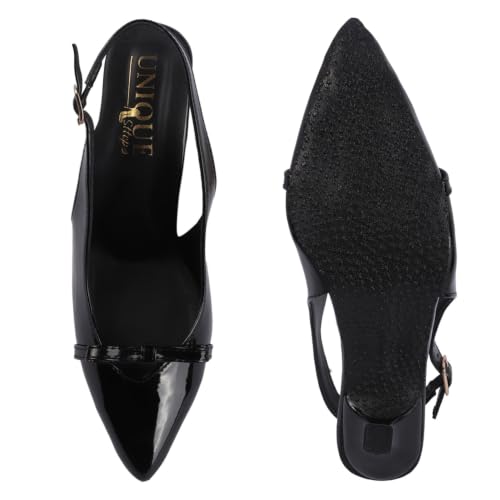 Image of Women's Slingback Pointed Toe Pumps with Bow Detail | Patent Finish | Kitten Stiletto Heel | Elegant Party & Office Heels