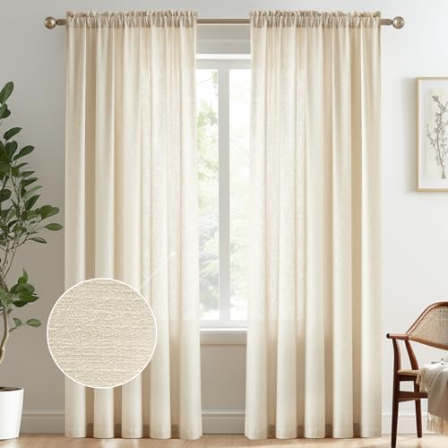 Image of Melodieux Beige Semi Sheer Curtains 96 Inches Long for Living Room, Bedroom Faux Linen Texture Farmhouse Rod Pocket Shiny Sheer Curtains Drapes Light Filtering, 52 inch W x 96 inch L, 2 Panels