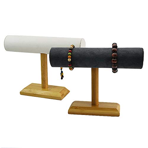 Bloepum Bamboo Wood Single Tier T-Bar Rack Bracelet Watch Bangle Display Holder Stand Jewelry Organizer Gray