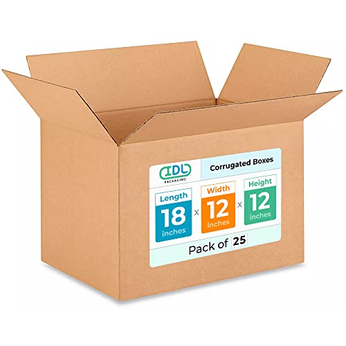 Medium Shipping &amp; Moving Boxes 18"L x 12"W x 12"H (25-Pack) - Extra Strength 200 lb vs Regular - Corrugated Strong Boxes for Packaging - Medium Moving Box - Cardboard Moving Box by IDL Packaging