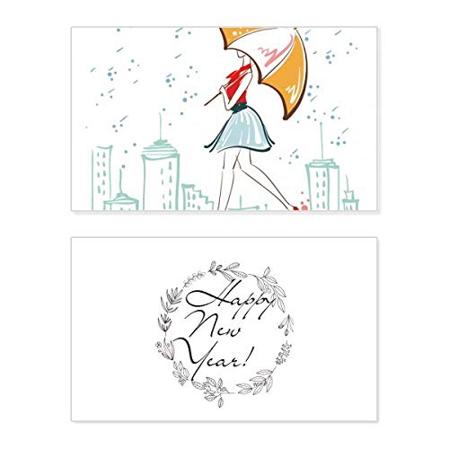 Tarjeta conmemorativa de año nuevo Umbrella Rain Lady para enviar tus mejores deseos en inglés