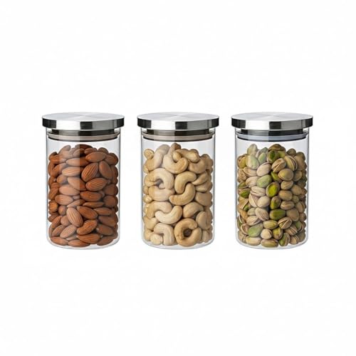 MKV MART Steel Lid Glass Jar Round 320ml, 3 Pieces Set, Clear Storage Containers with Metal Lids (STEEL LID JAR ROUND 320ML 3PCS SET)