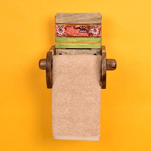 Image of Aakriti Art Creations Madhubani Art Wooden Towel Holder | Handcrafted Wooden | Matte Finish Natural Brown Wall Mounted Towel Holder for Bath & Wash Area