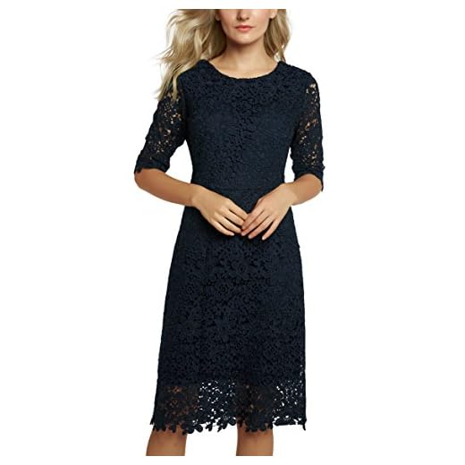 Urban GoCo Mujeres Vestido de Encaje Floral Corto Elegante Midi Vestidos de Recto para Fiesta Bodas Cóctel (Small, Azul Marino)
