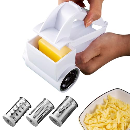 Rotary Cheese Grater – TRACOMPAN Stainless Steel Manual Shredder with 3 Interchangeable Drums | Handheld Shredder for Kitchen and Cooking | Dishwasher-Safe Manual Cheese Grater for Cheese, Chocolate