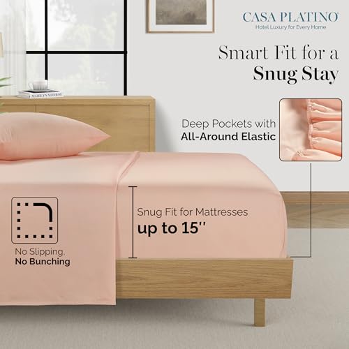 Casa Platino 100% Egyptian Cotton Sheets Full Size Set - 6 Pcs (1 Flat, 1 Fitted, 4 Pillowcases)- Ultra Smooth Sateen Weave Bed Sheets Set with 15" Deep Pockets - Veiled Rose