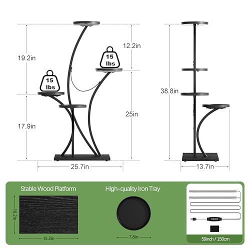 Image of BACEKOLL Plant Stand Indoor with Grow Lights - Plant Shelf Tree-Shaped, Lighted Corner Plant Stands for Indoor Growing, 5 Tiered Metal Flower Holder, Decorative Shelves for Home Hallway Black (Left)