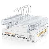 HOUSE DAY 12 Pack 14 inch Clear Plastic Skirt Hangers with Adjustable Clips, Pants Hangers 360-Rotating Swivel Hook, Clip Hangers for Pants, Trousers, Skirts, Jeans, Bulk Plastic Hangers