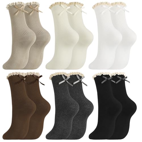Image of 6 Pairs Womens Bow Socks Ruffle Casual Crew Socks Cute Black White Soft Breathable Cotton Frilly Ankle Socks