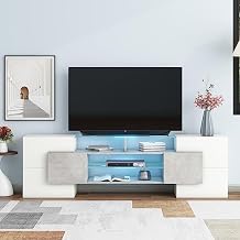 Modern LED TV Stand for TV Up to 88", Entertainment Center with Glass Shelves, TV Console Table with Storage for Living Room Grey+White