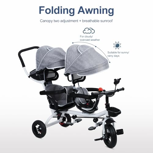 Doppelsitz-Dreirad-Kinderwagen, Anti-Rollover-Tandem-Trike mit Schiebegriff und stoßfesten Gummirädern, 98 cm Länge und 100 cm Höhe, für 2–8 Jahre, Outdoor-Kinder fahren auf Fahrrad, Grau – Bild 5