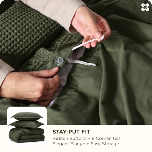 Image of Bedsure Cotton Duvet Cover King - 100% Cotton Waffle Weave Olive Green Duvet Cover King Size, PureWoven Breathable Bedding Set for All Season, 3 Pieces, 104 inchx90 inch