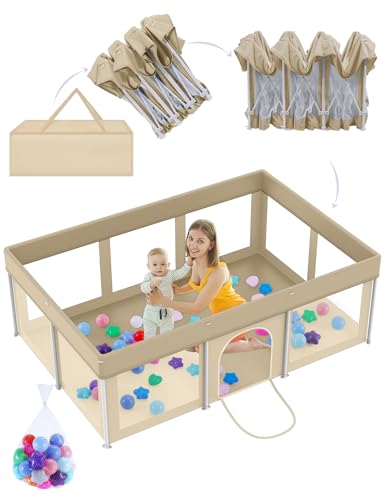 Image of Foldable Large Baby Playpen 50 inchx71 inch, Portable Playard for Babies & Toddlers, No Assembly, Safe Zipper Gate, Soft Mesh Sides, Ideal for Indoor & Outdoor Use, Includes 100 Ocean Balls, Beige