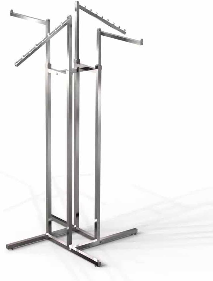 - LOCOMOTO 4-Way Clothes Rail Display Stand | Heavy Duty Metal Garment Rack with 15 kg Load Capacity | Free Standing Hanger Stand for Home, Retail Shop & Showroom Display (CHROME)