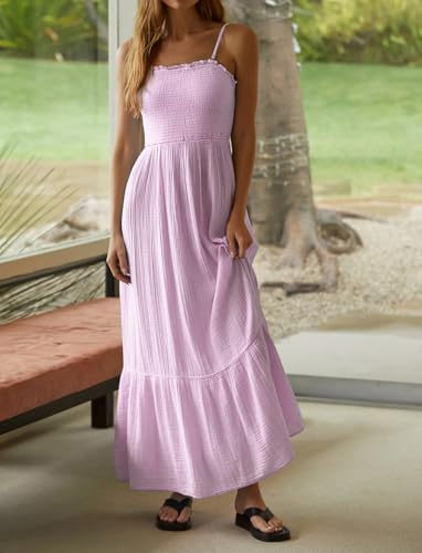 Image of R.Vivimos Womens Summer Boho Cotton Maxi Dress Adjustable Spaghetti Strap Elastic Smocked Casual Ruffle Hem Flowy Beach Dress