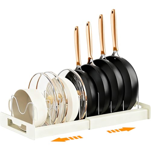 Dayacoco Expandable Pots and Pans Organiser Pan Lid Storage with 10 Adjustable Dividers Pan Organiser Rack for Cupboard Pots Pans Chopping Board Baking Trays (White)