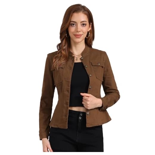 Allegra K Casual Denim Jacket for Women's Classic Stand Collar Long Sleeve Jean Jacket Medium Brown