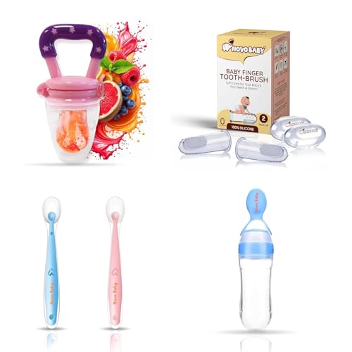 Image of Novo Baby Soft Silicone Baby Fruit & Food Feeder | 1 PCS Silicone Food Dispensing Spoon 90ML | 2 PC Spoons BPA-Free Finger Toothbrush | Baby Feeding Set (Multicolor)