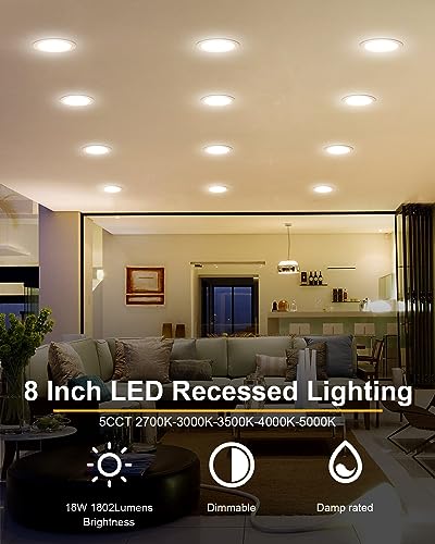 Image of ZYC 8 Inch Recessed Lighting - 18W 1802LM Black Recessed Lighting,Dimmable 5CCT 2700K /3000K /3500K /4000K /5000K Selectable,IC Rated,Ultra-Thin Dimmable Canless Wafer Downlight Pack of 6 Black.