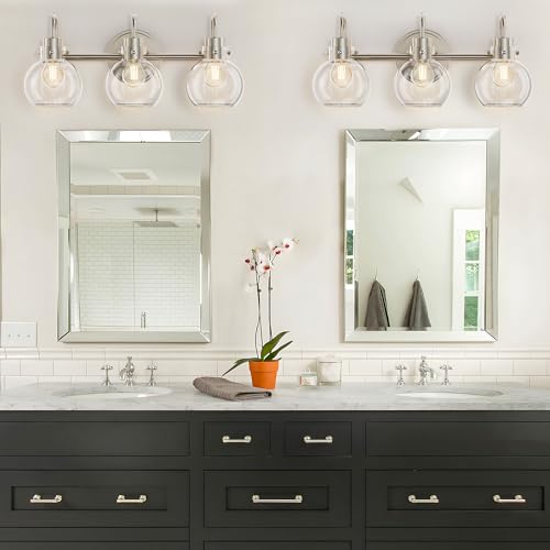 Image of 3 Lights Vanity Light, Brushed Nickel Bathroom Light Fixtures, Farmhouse Wall Sconces with Globe Clear Glass Shade, Porch Wall Mount Lamp for Mirror, Kitchen, Porch, Living Room, Workshop (E26 Base)