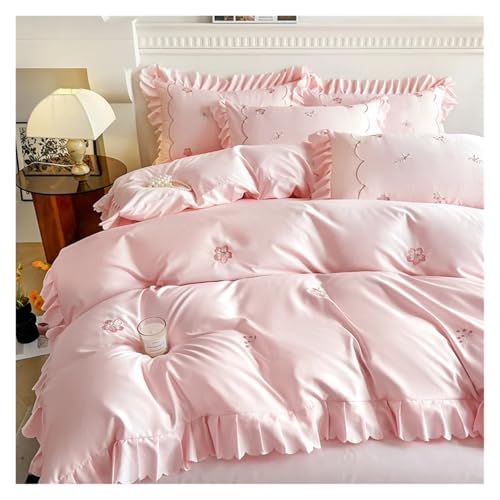 JTKSSCS Bow Bedding Bedding Set Embroidered Bed Linen Set Ruffles Duvet Cover Pillowcase With Bedsheet Smooth Bedclothes For Home(Chujian fen,FLAT_QUEEN 4PCS)