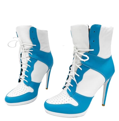 Frankie Hsu Stiletto Sport Basketball High Heeled Ankle Boots, Casual White Baby Blue Sneaker Style Bootie, Large Big Size Fashion Designer Lace Up Short Shoes For Women Men