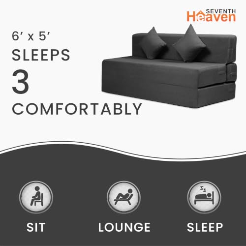 Image of Seventh Heaven Rejioce 3 Seater 5 * 6 Jute Fabric Washable Cover Sofa Cum Bed with 2 Cushions 3 Seater Double Foam Fold Out Sofa Cum Bed (Finish Color - Dark Grey Delivery Condition - Pre-Assembled)