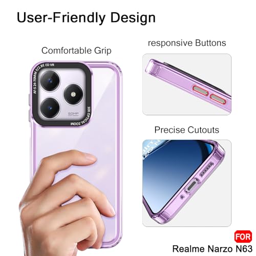 Image of TheGiftKart Hybrid Shockproof Back Cover Case for Realme C63 / Narzo N63 | Stylish Camera Border | Electroplated Buttons | Crystal Clear Hard Back Cover Case (TPU & PC, Purple Bumper)